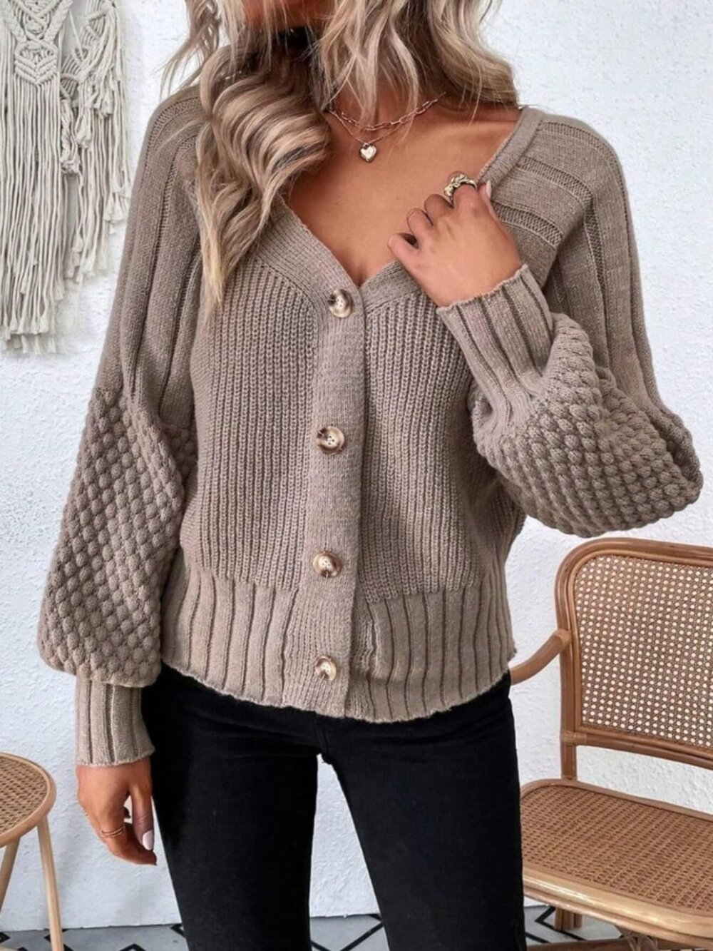 Raglan-sleeve knit cardigan, long-sleeve tops